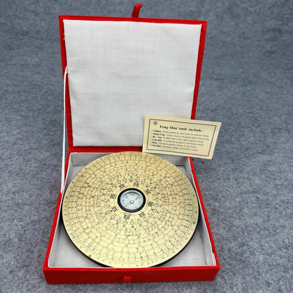 Vintage Chinese Feng Shui Lo Pan Compass Yin Yang Brass Disk Red Case